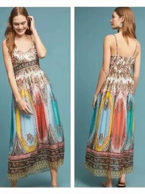 Anthropologie Virginia Maxi Dress Size 4 Boho Floral Cupro Vegan Silk Multicolor
